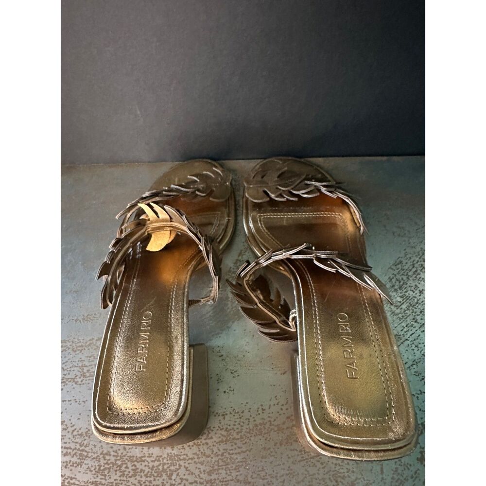 Farm Rio Slide Sandals 9 Vacation Dressy Trip Festival Resort Metallic Gold Leaf - Picture 6 of 10